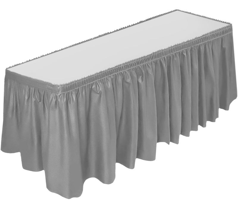 DecorRack Table Skirt, 29 in x 14 ft -BPA Free- Plastic Tableskirt, Disposable, Reusable, Rectangular Tablecloth Skirt, Silver (1 Pack) - Image 1